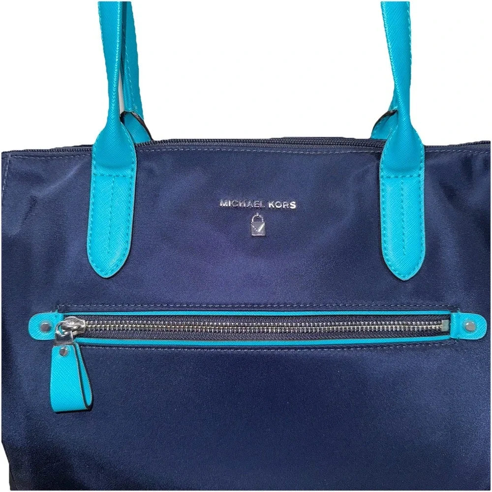 Michael Kors‎ Kelsey Nylon Tote Navy Blue Turquoise Trim Travel Work Bag